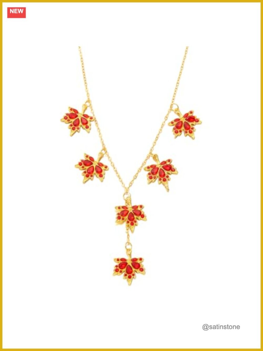 Gold Sparkling Maple Leaf Pendant Necklace Adjustable Cubic Zirconia Y Shaped